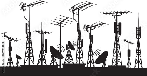 Black silhouette of various communication towers and antennas standing
