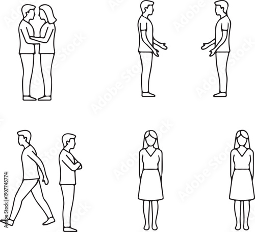 People Poses and Interactions Icons for Communication and Relationships, Isolated on white background