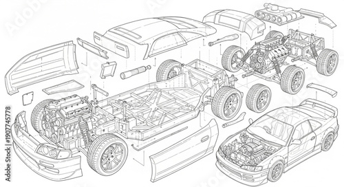 Car Parts Technical Illustration Diagram.