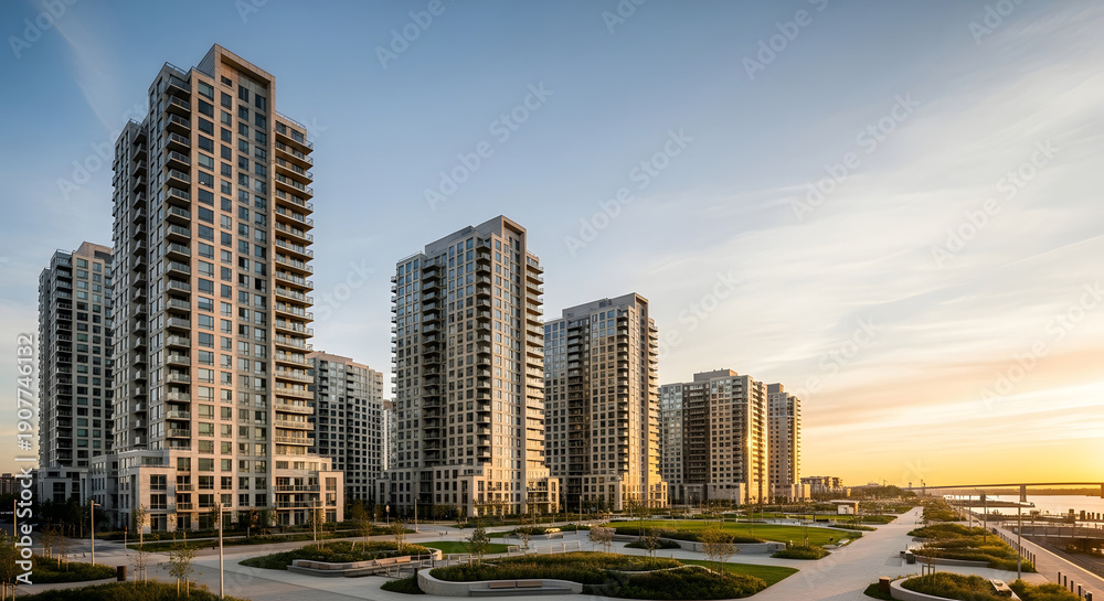 Obraz premium Golden hour illuminates highrise architecture at sunset creating a serene urban landscape