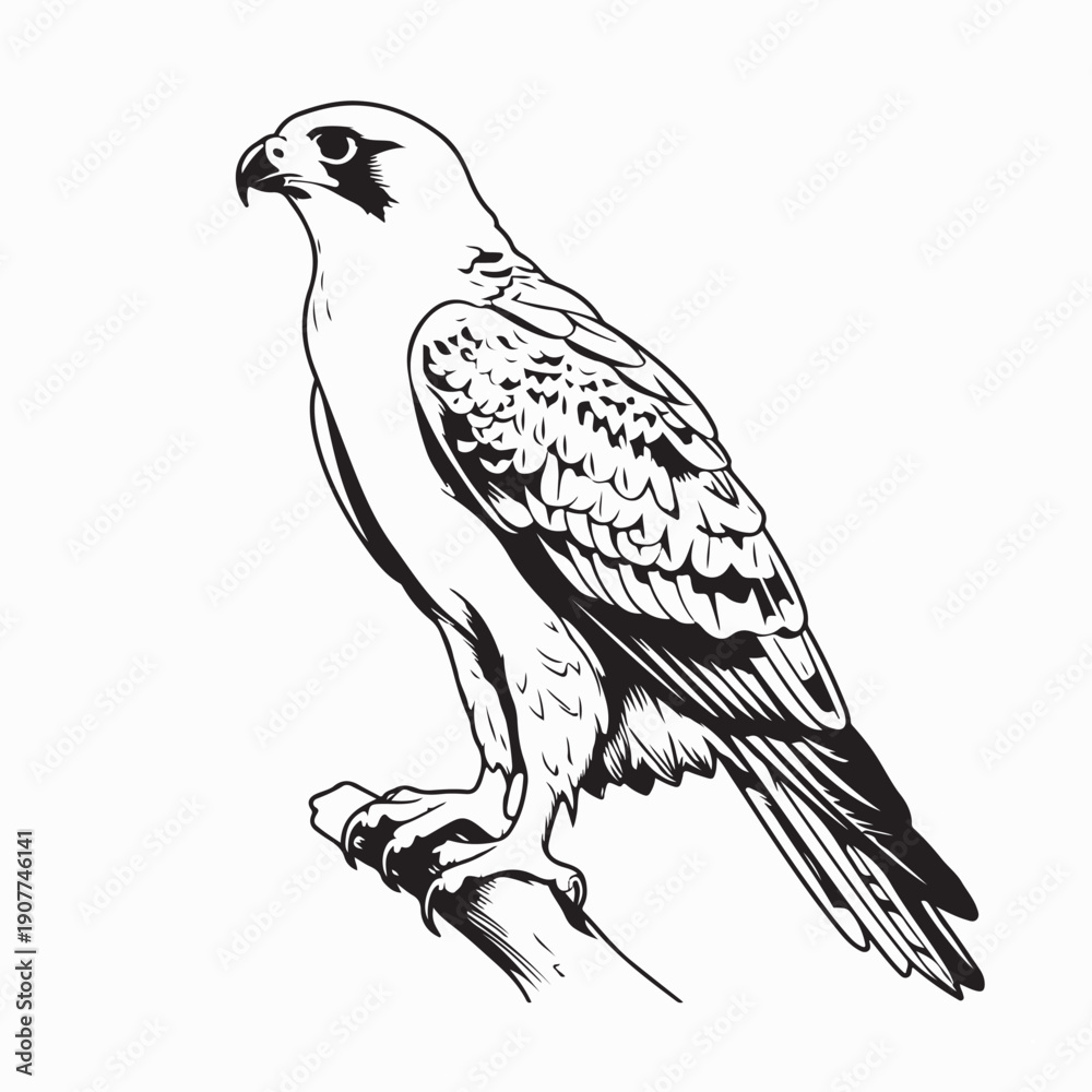 Fototapeta premium Wild Hawk Bird Standing on Branch Vector on White Background