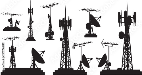 Collection of various telecommunication tower silhouettes on white background