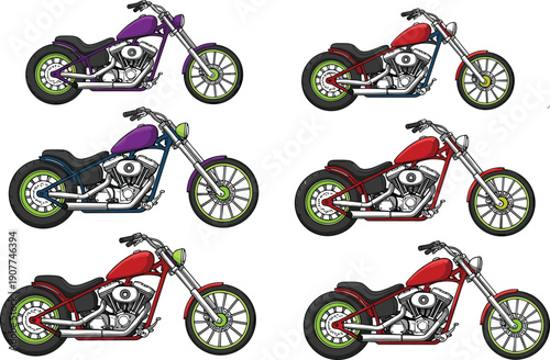 Custom chopper motorcycle vector set, colorful cruiser motorbike collection, detailed chrome engine classic transport side view isolated illustration