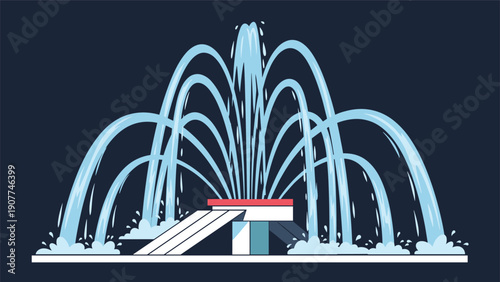 Elegant multi-tiered water fountain sprays multiple symmetrical streams into the air against a dark blue background in this vector artwork.