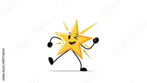 Cute cartoon yellow star character with arms and legs winking and dancing happily on white background illustration.