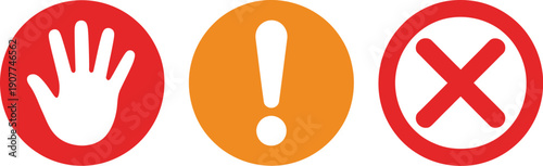 Warning symbols set, red hand stop sign and orange alert circle with exclamation mark