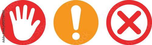 Safety warning icons, red stop hand symbol and orange exclamation alert sign