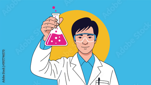 Male scientist wearing safety goggles and a white lab coat holding a glass flask filled with bubbling pink chemical liquid.