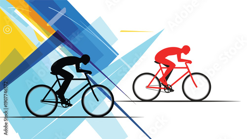 Dynamic graphic illustration of two cyclists racing at high speed against an abstract geometric background with sharp angles.