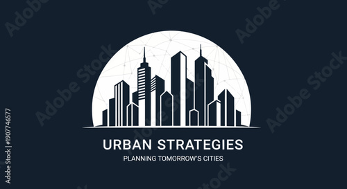 Modern city skyline silhouette enclosed within a circular moon or globe graphic, symbolizing urban strategies and future planning, set against a dark blue background.