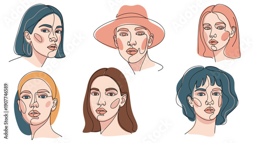 Collection of six minimalist line art portraits of women with colored shapes and varying hairstyles on a white background.
