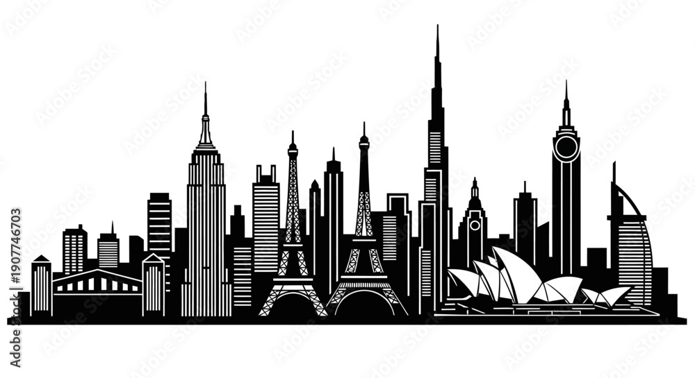 Obraz premium Iconic Global City Skyline Silhouette with Famous Landmarks, Isolated White Background