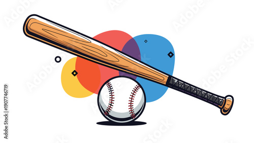 Professional wooden baseball bat and a leather baseball are illustrated against a modern background of overlapping colorful circular shapes.