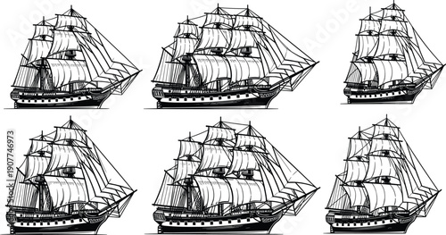 Vintage sailing ship vector collection, classic pirate galleon engraving style, nautical maritime historic vessels detailed line art illustration