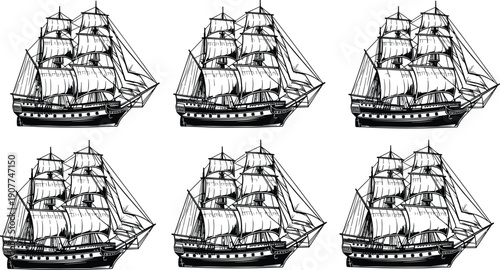 Vintage tall sailing ship vector illustration set, classic pirate galleon engraving style, nautical maritime historic vessel line art collection