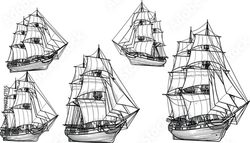 Vintage sailing ships vector illustration set, classic wooden pirate galleons engraving style, nautical maritime historic vessels line art collection