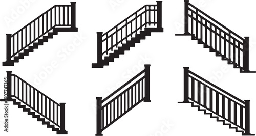 Set of black staircases with railings on white background