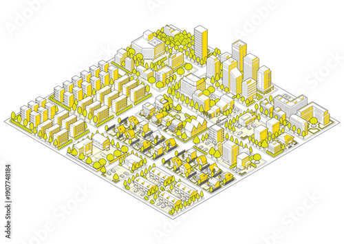 街並みの立体図. 都市の景観. アイソメ図で描いた都市.
