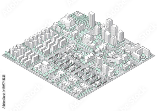 街並みの立体図. 都市の景観. アイソメ図で描いた都市.