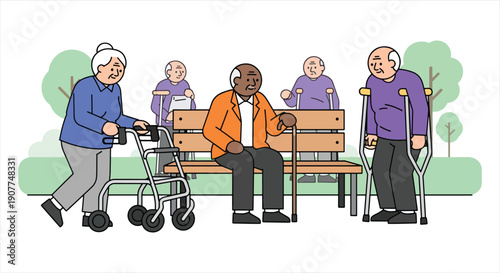 Senior with Walking Aid – Elderly Care, Rehabilitation and Healthcare Support Illustration
