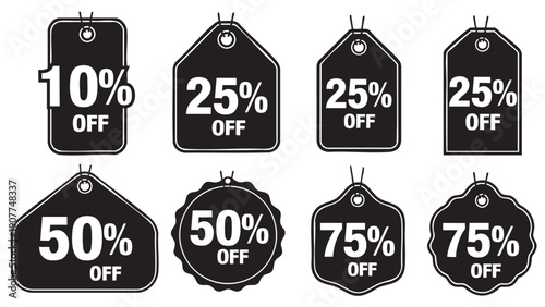 Assorted discount tags with various percentage off labels isolated