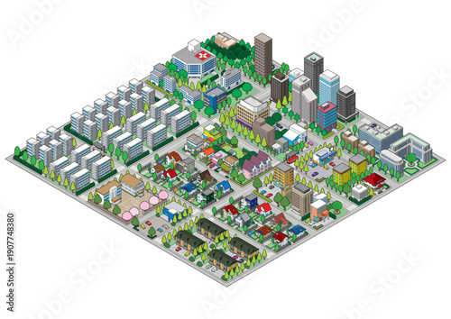 街並みの立体図. 都市の景観. アイソメ図で描いた都市.