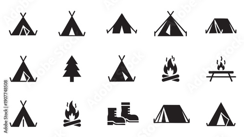Camping and outdoor adventure icons set isolated on transparent background