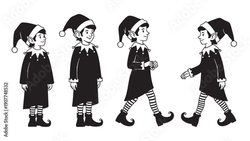 Cartoon elf character in different standing and walking poses isolated
