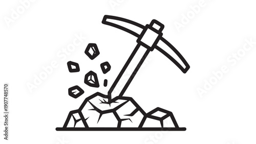 Cartoon pickaxe breaking rocks and crystals illustration