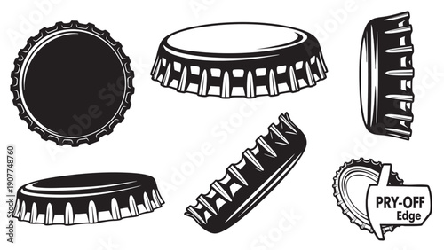 Collection of bottle caps with pryoff edges isolated on transparent background