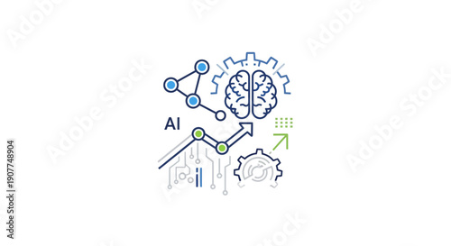 This creative artificial intelligence illustration shows a human brain connected with digital circuits, gears, and network nodes, symbolizing innovation, automation, and intelligent technology. The de