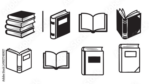 Collection of different book icons in black and outline styles