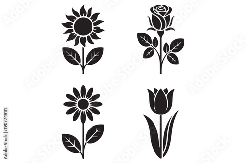 Black silhouettes of a sunflower rose daisy and tulip