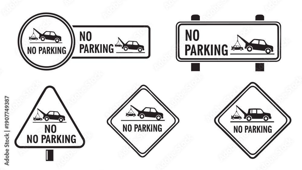 Obraz premium Collection of no parking signs with towing warning isolated design