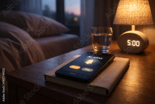 Photography A smartphone displaying an alarm on a bedside table next to a digital clock showing 5:00 AM, a glass of water, and a glowing lamp