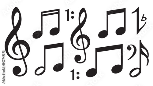 Collection of musical notes and symbols isolated on transparent background