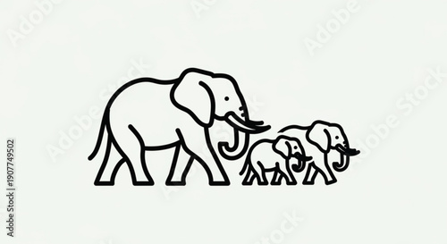 Elephant Family Walking Together Line Art Illustration