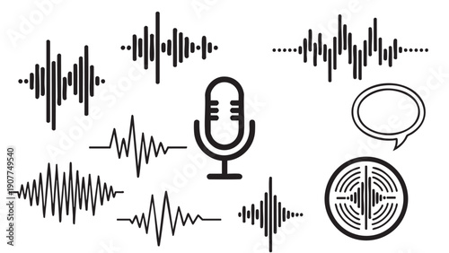 Collection of sound and voice waveform icons isolated on transparent background