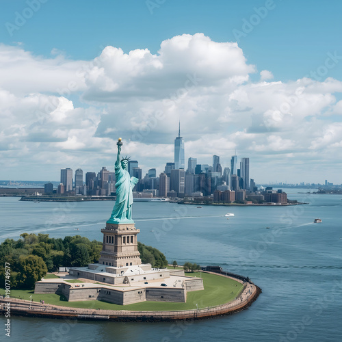 Iconic Manhattan Skyline and Statue of Liberty Waterfront View
