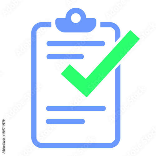 Clipboard checklist icon with green check mark, symbolizing completed tasks, document verification, approval status, productivity, workflow management, UI design, business apps, and project tracking.