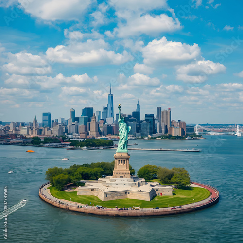 Stunning New York City Skyline with Statue of Liberty on a Sunny Day