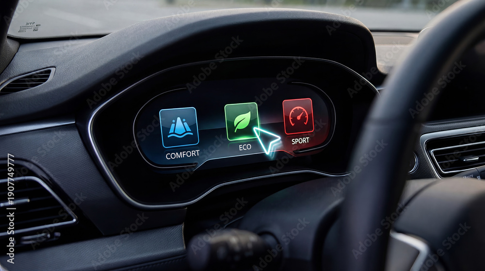 Fototapeta premium Digital Car Dashboard Displaying Comfort, Eco, and Sport Driving Modes