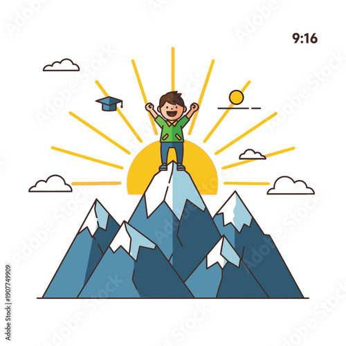 An enthusiastic cartoon character triumphantly raises their arms on a mountain summit, symbolizing the joy of reaching educational and financial success.