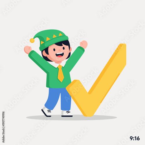An enthusiastic young person, adorned in a whimsical green elf hat, joyfully raises their arms in triumph beside a large golden checkmark, signifying successful completion.
