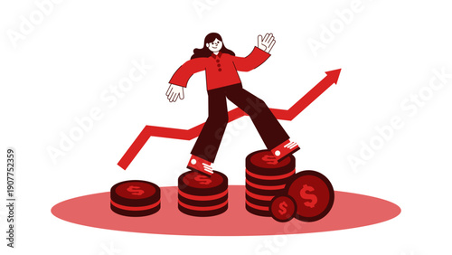 A professional woman walking up a staircase made of coin stacks with a rising arrow chart indicating financial gain