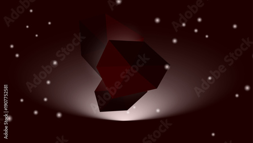 Mysterious dark red low poly crystals floating with glowing particles and spotlight effect in deep space