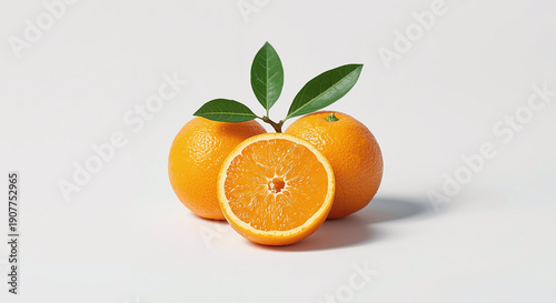 Fresh Juicy Oranges with Green Leaves on White Background - Minimalist Vibrant Citrus Fruit Photography for Healthy Lifestyle and Food Branding