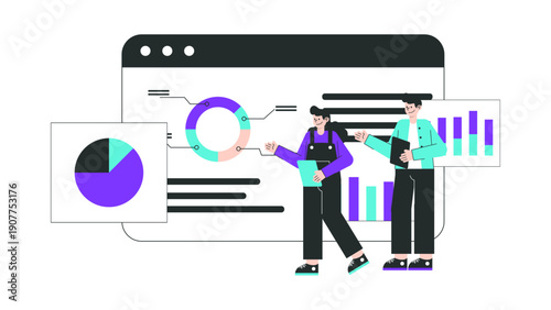 Professionals presenting business reports on a large digital screen