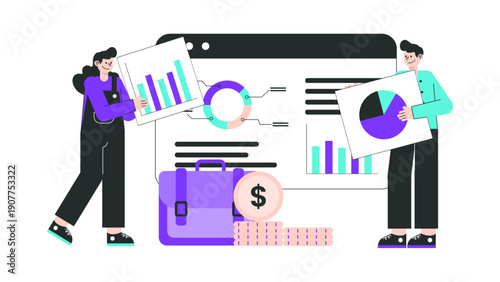 Professionals organizing data and charts for setting up a business profile on a web interface