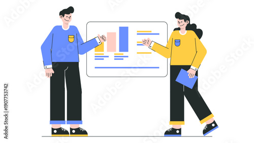 Professional man and woman discussing data analysis on a large presentation board